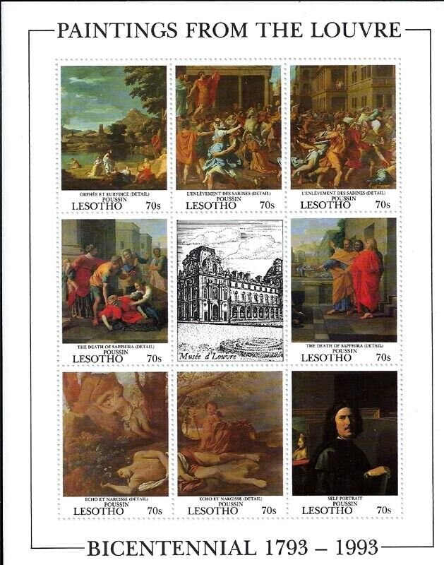 Lesotho 1993 Paintings From The Louvre Museum 8 Stamp Sheet 12E-009