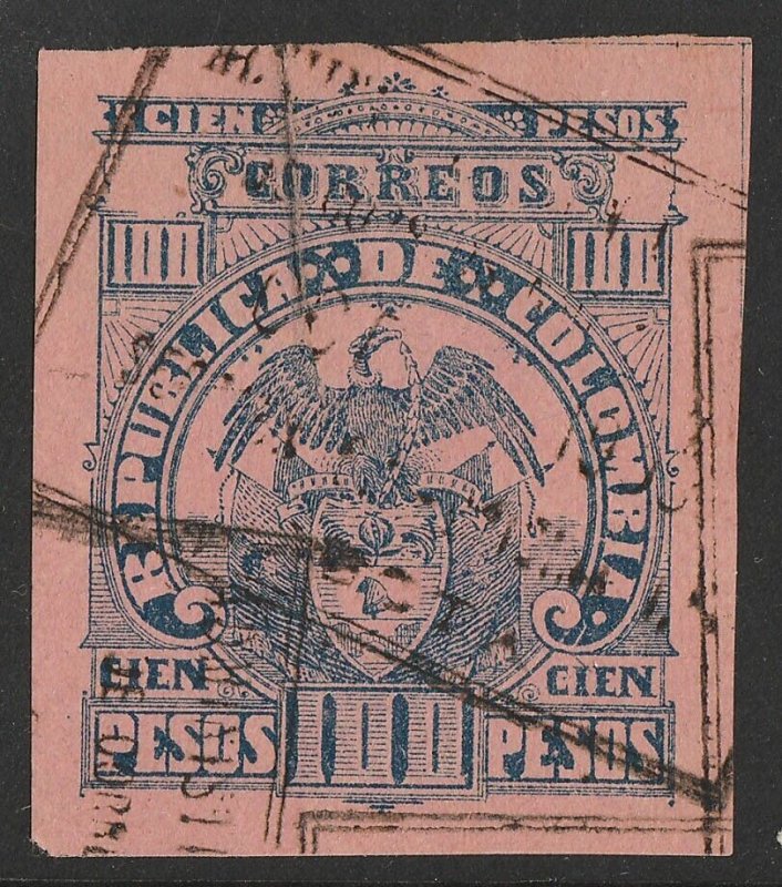 COLOMBIA 1902 Arms 100P deep blue on deep rose, imperf top value.