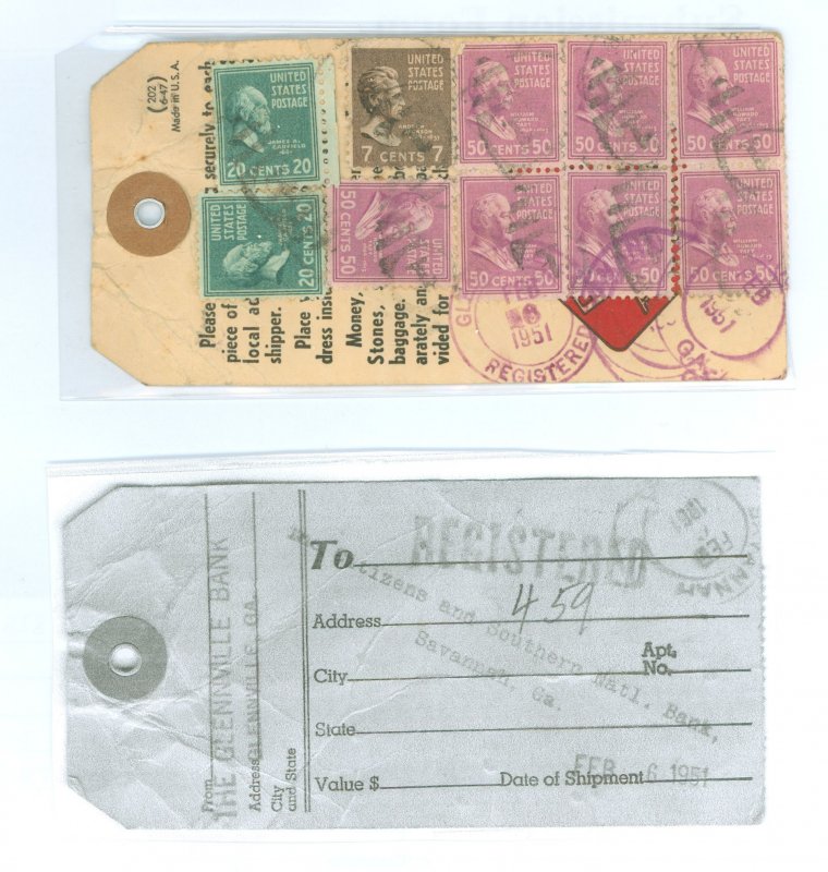 US 812/825/831 1951 Registered tag sending negotiate materials between two banks (Greenville, GA to Savannah, GA) (is wrinkled)