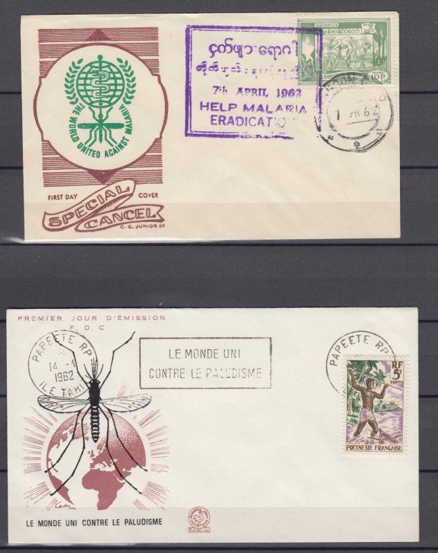 Z4287  jlstamps,1962 burma & french polynesia against malaria fdc,s covers
