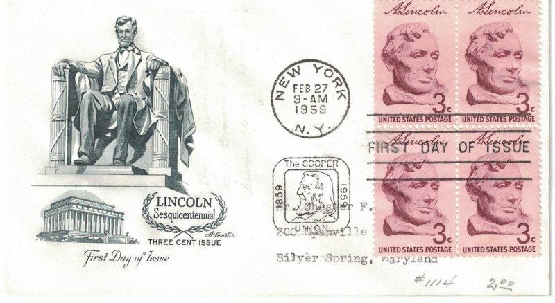 #1114, 3c Abraham Lincoln, Artmaster cachet, block of 4