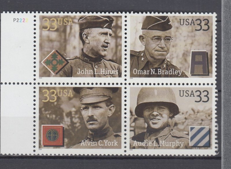 (B) USA #3396a  Distinguished Soldiers Block  of 4 MNH