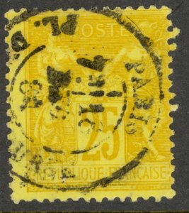 FRANCE 1879-90 25c Yellow on Straw PEACE AND COMMERCE Issue Sc 99 VFU