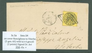 Roman (Papal) States 5a 1852 Baj issue, imperf, Ronciglione to Viterbo (2 points) 5 gen. 65 with backstamp 6 ge 65, signed Dr. A