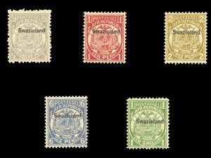 Swaziland #1-5 Cat$136.50+ (for hinged), 1899 1/2p-1sh, five values, 6p light...