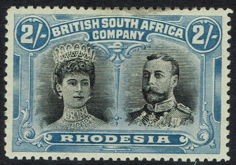 RHODESIA 1910 KGV DOUBLE HEAD 2/- VARIETY GASH IN EAR PERF 14 