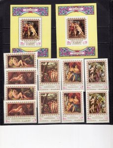 FUJEIRA 1972 PAINTINGS NUDES 2 SETS OF 5 STAMPS & 2 S/S PERF. & IMPERF. MNH
