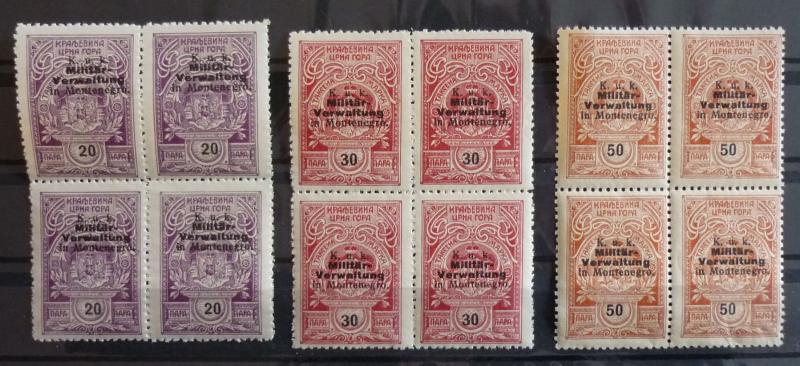 WWI AUSTRIA - MONTENEGRO -REVENUE STAMPS (MNH) - 3 BLOCKS OF 4 R! yugoslavia J17