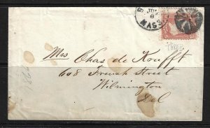 US 1860s Sc 65 TIED BOSTON MASS FRORAL FANCY CANCEL TO WILMINGTON DEL