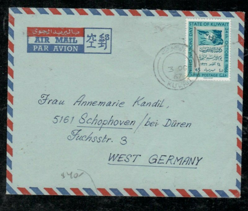 KUWAIT COVER (P0306B) 1967 45F UNITED NATIONS ON COVER TO GERMANY