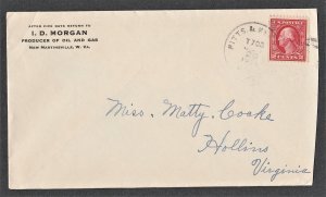 US Sc# 406a Single Commercial Corner Cover W.VA Oil & Gas Co. 1913 Jan 28