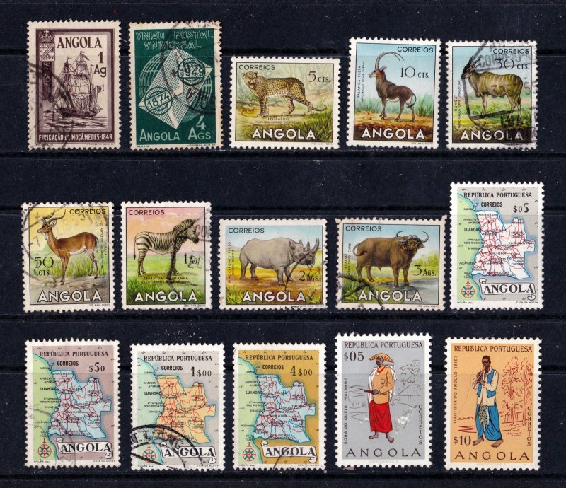 Angola, 51 stamps on 3 scans, mint & used, CV $45.30