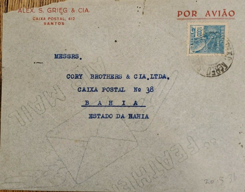 A) 1936, BRAZIL, COMMERCE, AIRMAIL, TO BAHIA-BAHIA STATE 