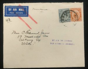 1939 Mombasa Kenya Early Airmail Cover To Albany NY Usa Via London