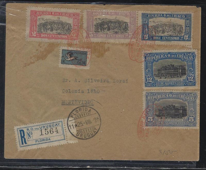 URUGUAY   (PP2604B)  1925 REG FROM FLORIDA TO MONTEVIDEO 6 STAMPS