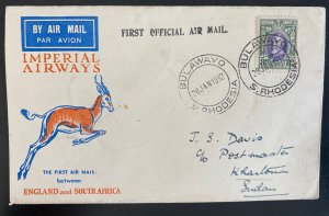 1932 Bulawayo Southern Rhodesia First Flight Cover To Khartoum Sudan Imperial Ai