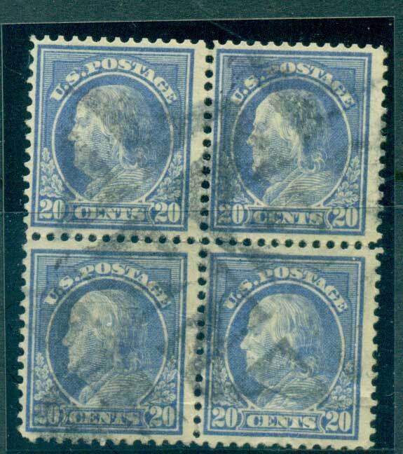 USA 1913-15 Sc#438 20c ultramarine Franklin Perf 10 Wmk S/L Blk 4 (creases)FU...