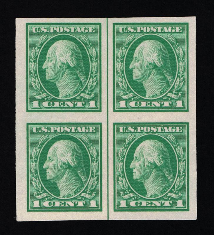 GENUINE SCOTT #481 XF MINT OG NH 1916 GREEN SHEET VERTICAL LINE BLOCK OF 4