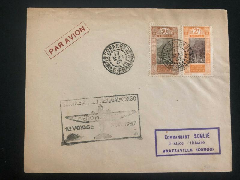1937 Conakry French Guinea First Flight Airmail cover FFC to Brazzaville Congo