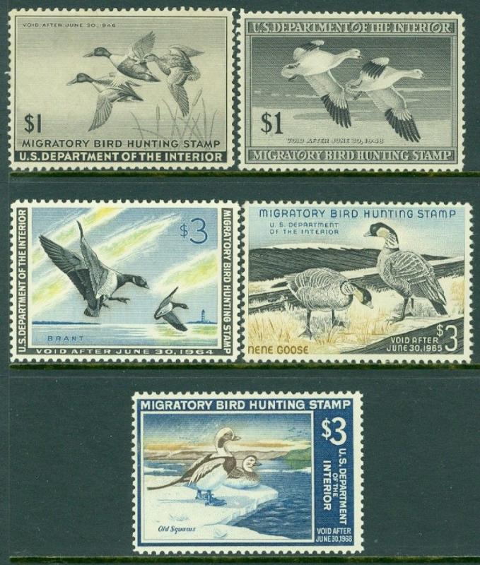 EDW1949SELL : USA 1945-67 Scott #RW12, 14, 30, 31, 34 VF Mint OGH Catalog $450.