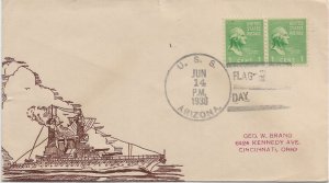 1938 USS Arizona BB-39 Flag Day to Cincinnati, Oh Parker cachet (N7849)