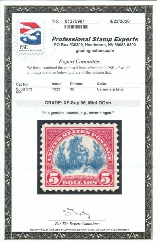  MOstamps - US #573 Mint OG NH Grade 95 with PSE Cert - Lot # MO-2395 SMQ $375