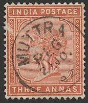 INDIA 1882 Sc 41, Used  3a yellow QV  SOTN MUTTRA postmark/cancel