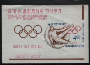 Korea South 1964 used Sc 451a 4w Gymnast Summer Olympics Tokyo Souvenir sheet