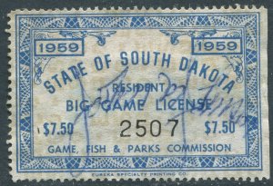 1959 South Dakota Resident BIG Game Pheasant Hunting License Permit Stamp Used