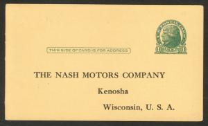 USA 1914-16 1c Jefferson POSTAL CARD Sc UX27 w NASH MOTOR CO Kenosh WISCONSIN