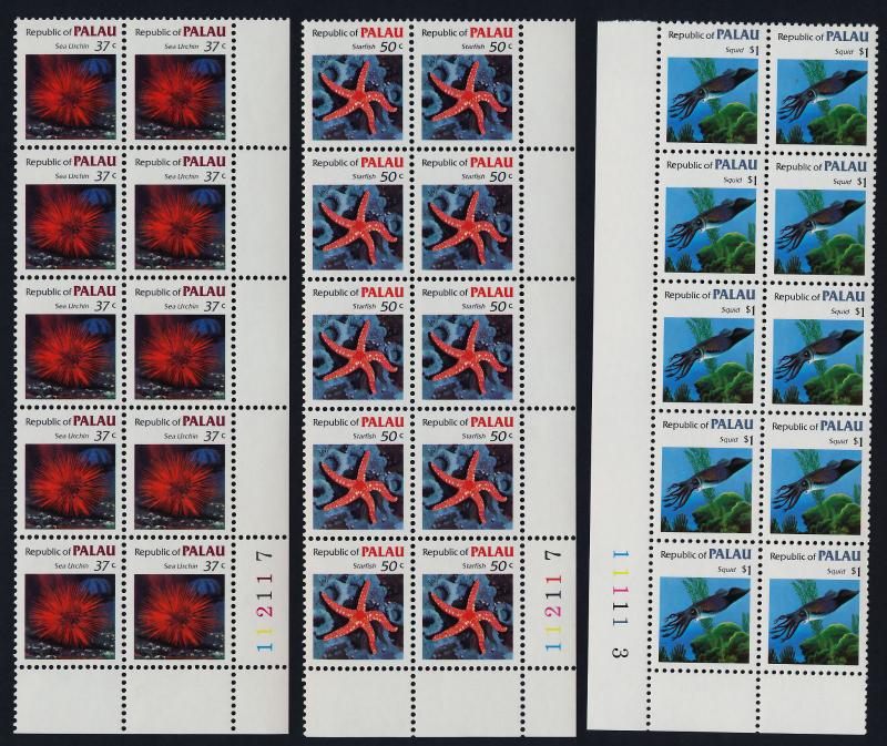 Palau 9-19 Plate Blocks of 10 MNH Fish, Coral, Shells, Turtle