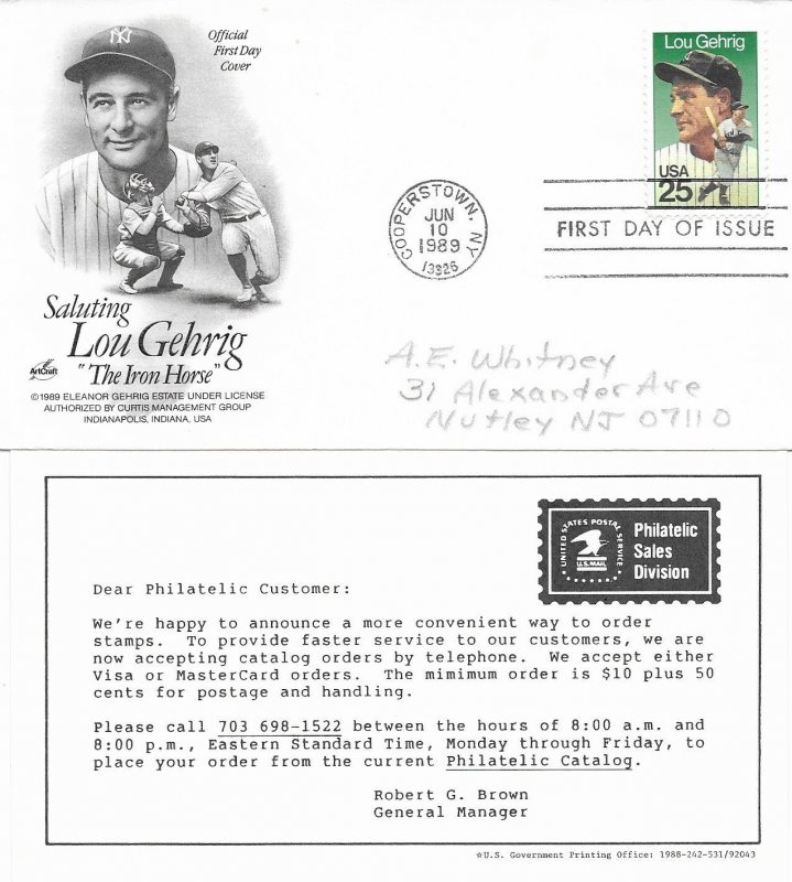 1989 FDC, #2417, 25c Lou Gehrig, Art Craft