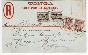 Tonga 1895 Nukualofa cancel on uprated registry envelope to New Zealand, SG 21-2