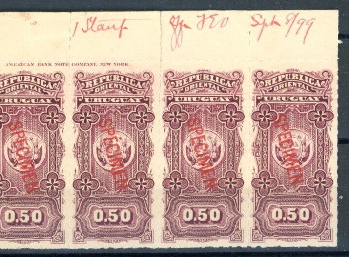 URUGUAY Revenues $0.50 ABNCo Specimen 1897 *REGISTRATION SHEET* Block{5} MNH ZS3
