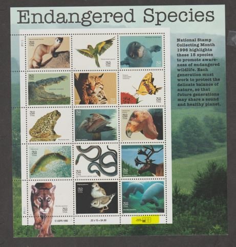 U.S.  Scott #3105 Endangered Species - Highlighted LL Plate - Mint NH Sheet