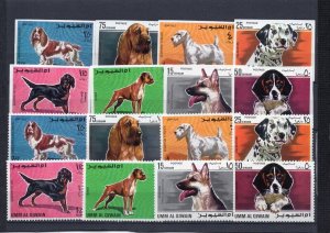 UMM AL QIWAIN 1967 DOGS 2 SETS OF 8 STAMPS PERF. & IMPERF. MNH