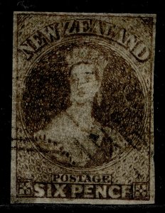 NEW ZEALAND QV SG85, 6d black-brown, USED. Cat £300.