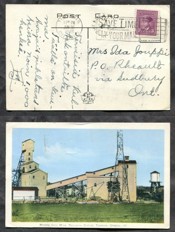 1125 - RHEAULT (Sudbury) Split Ring on 1946 Timmins Moneta Gold Mine Postcard