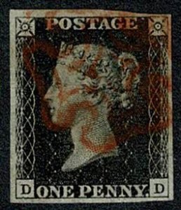 GB GB 1d Black DD Plate 5. Cancelled by red Maltese cross.