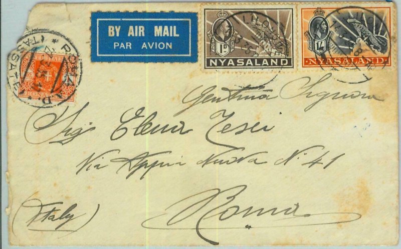 BK0231 - NYASALAND  - POSTAL HISTORY - COVER  to ITALY 1935  taxed on arrival