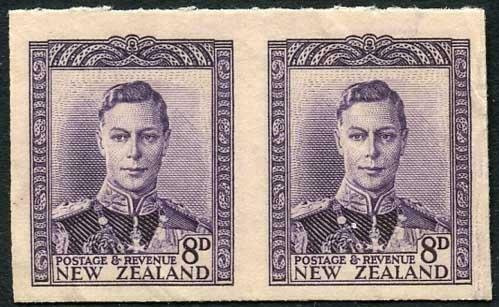 New Zealand KGVI 8d Violet Imperf Pair of Proofs on Backing Card