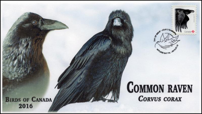 CA16-030 2016, FDC, Birds of Canada, Day of Issue, Common Raven