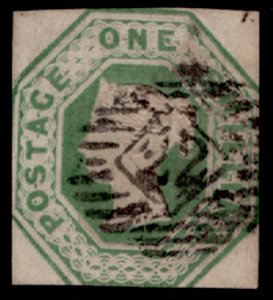 GB QV SG55, SCARCE 1s green CUT SQUARE, USED. Cat £1000.