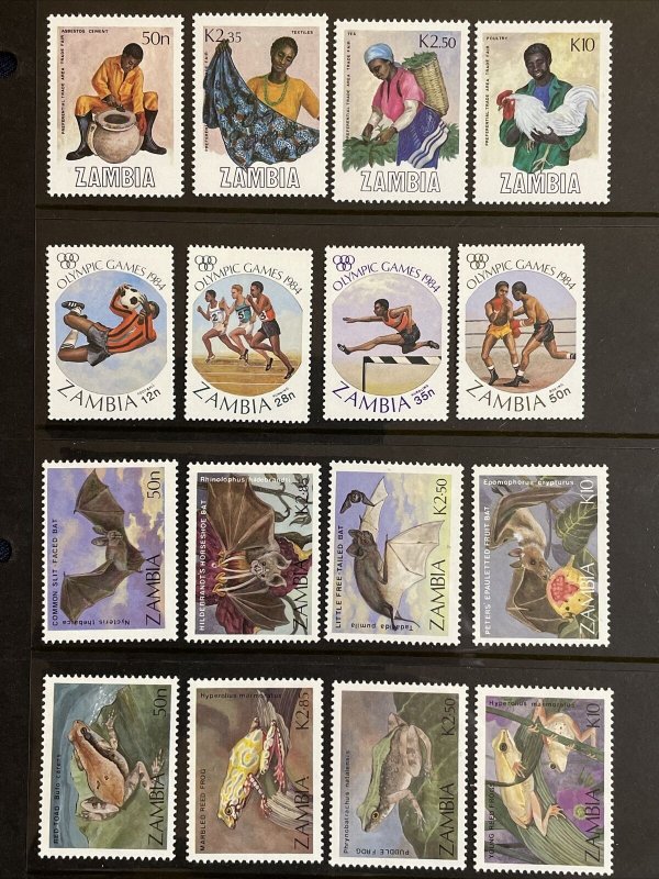 Zambia 16 MNH Stamps, 4 Complete sets 1984-9, Bats, Frogs, Olympics, and Trades