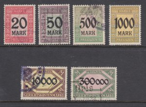 Germany, Prussia, 1920 Court Fee Fiscals, 6 different, fresh, sound revenues