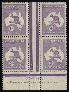 Australia #122, 1932 9p violet, bottom margin gutter block of four with John ...