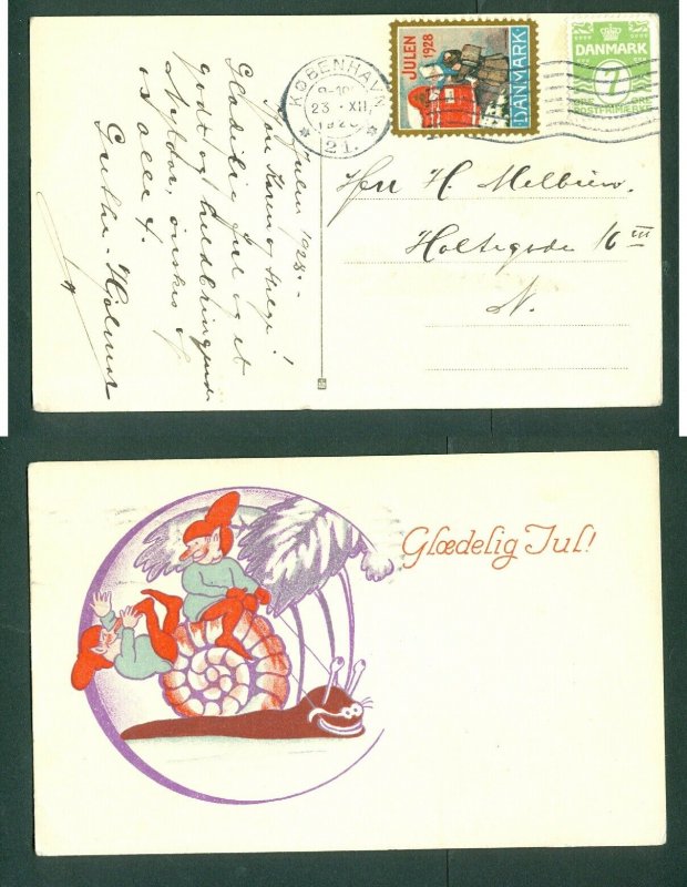 Denmark. Christmas Card 1928 With Seal +7 Ore. Copenhagen. Santa,Playing,Snail.