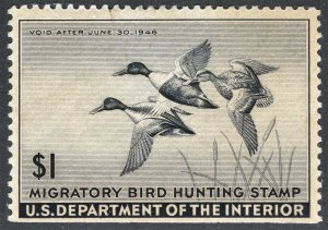 US Sc RW12 Black $1.00 1945 Hunting Permit Duck Original Gum Light Hinge