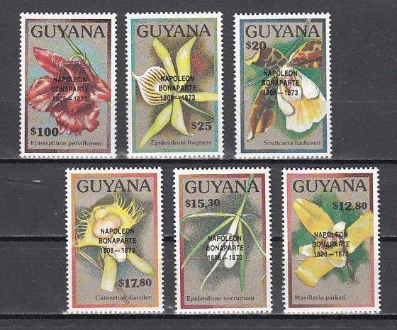 Guyana, Scott cat. 2361-2366. Orchid values o/printed Napoleon Bonaparte. ^