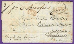 1854 Italy, PARMA -CAGLIARI, Disinfected Mail, Forwarded to Genova, GREAT LETTER